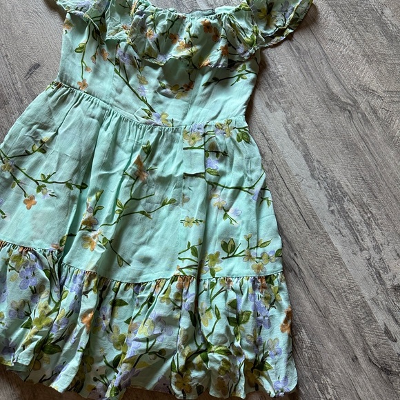 Reformation Off Shoulder Teal Floral Mini Dress - Picture 2 of 6